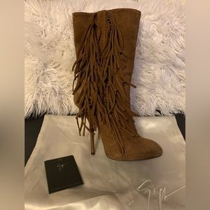 Giuseppe Zanotti Fringe boots, suede brown, size 39, US 8 in box with dust bag